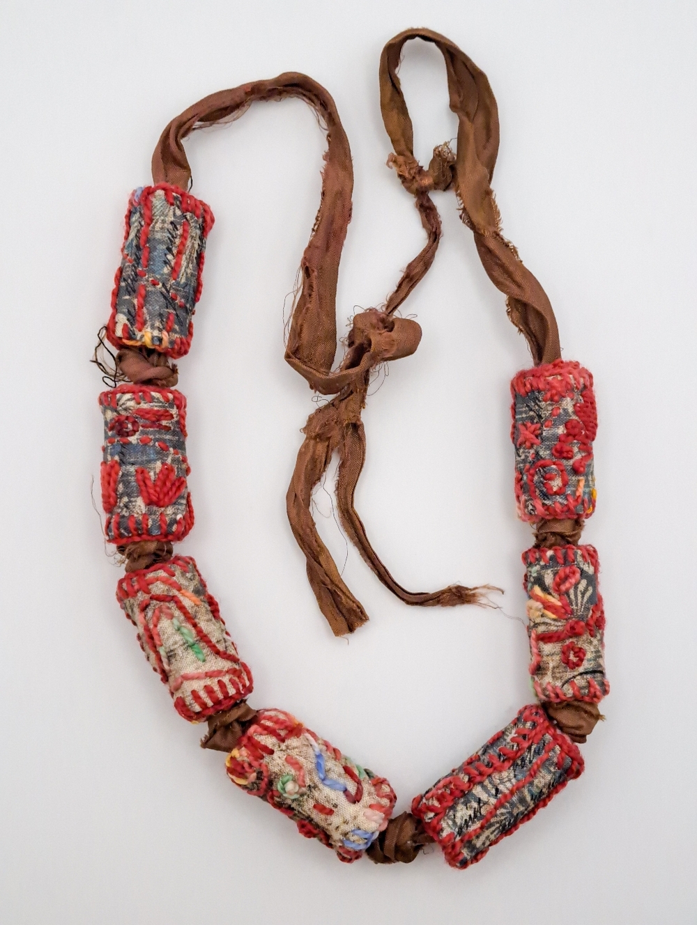 Handcrafted Textile Bead Necklace with Red Embroidery - Fabric Women Jewelry
